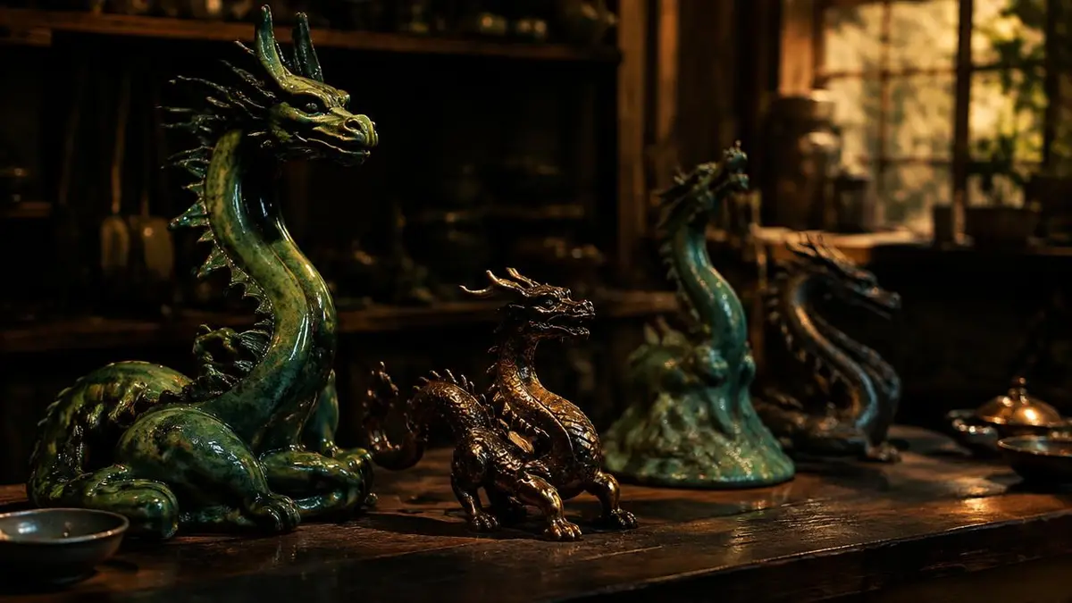 Handcrafted emerald ceramic and bronze dragon figurines on a wooden workbench